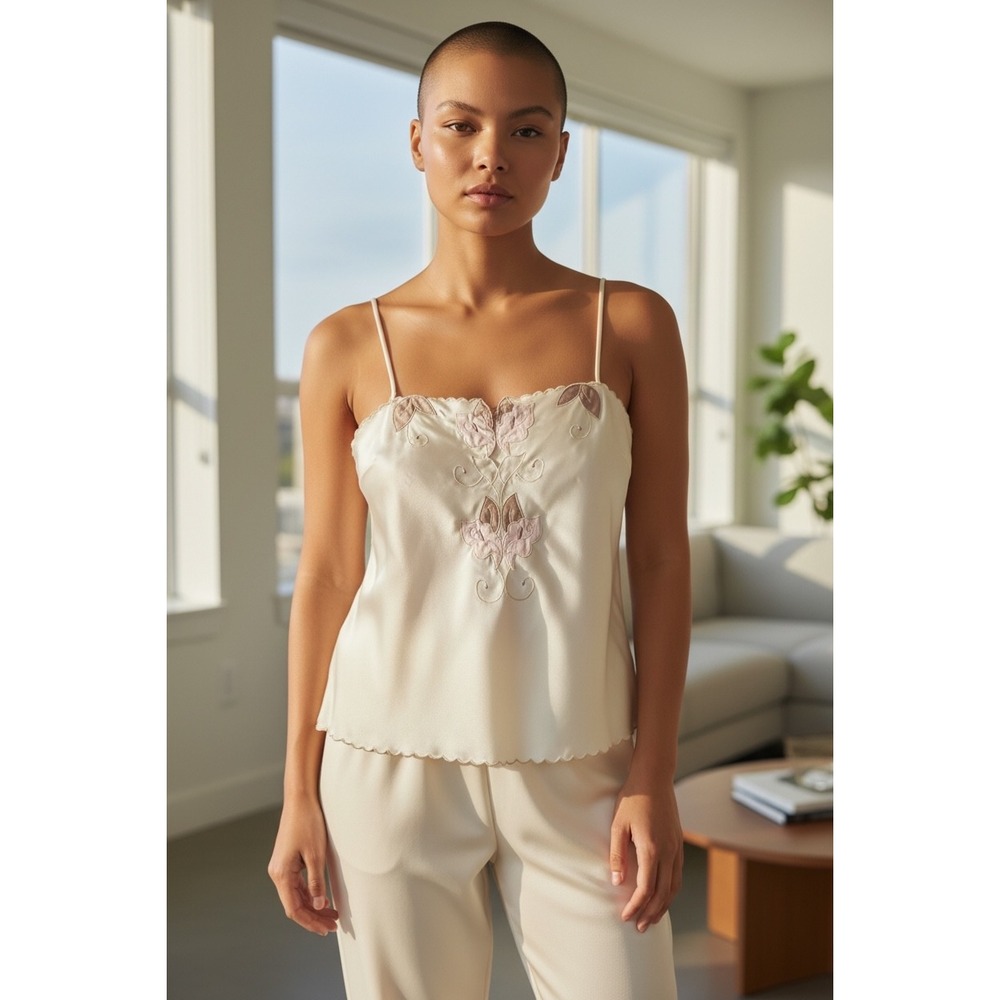Barbizon Ivory Floral‎ Applique Camisole Top Scalloped Hem